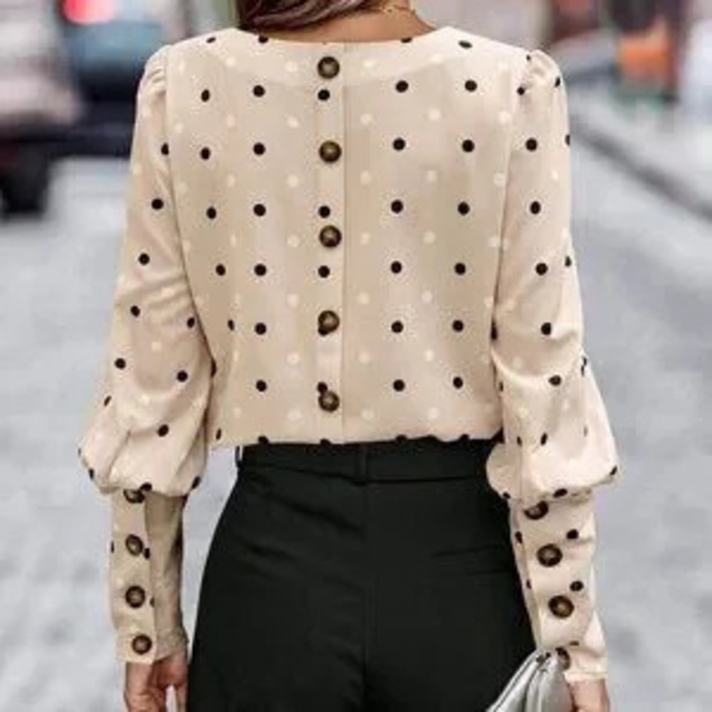 Apricot Elegant Women's Polka Dot Print Puff Sleeve Blouse